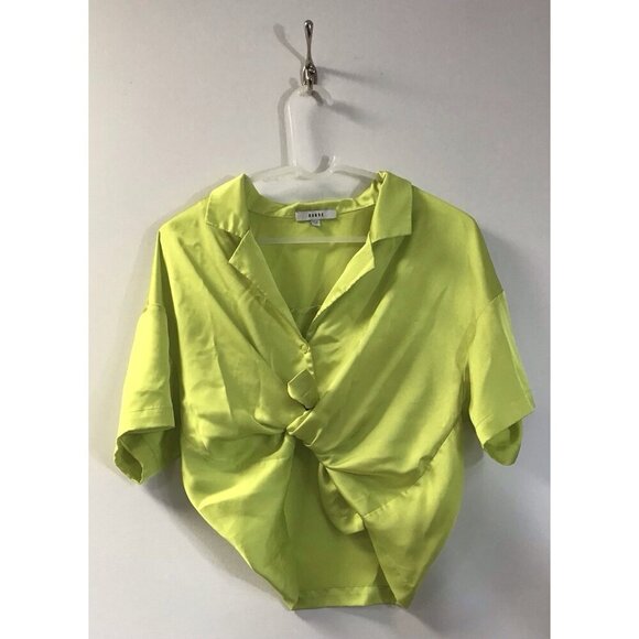 Ro & De Silky Neon Green Cropped Button Up Blouse Size XL  Shirt 💚 - Picture 3 of 4